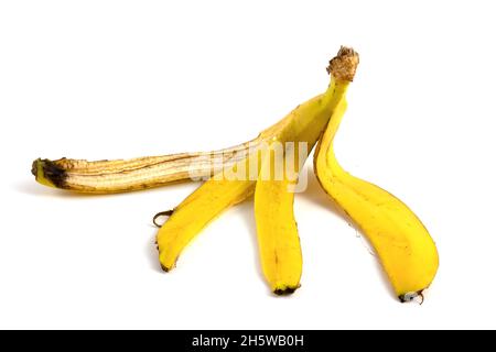 Buccia di banana isolata su sfondo bianco. Il concetto di raccolta differenziata dei rifiuti e dei rifiuti organici per il compostaggio. Foto Stock
