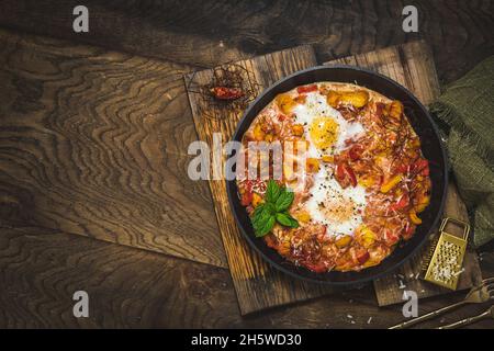 Shakshuka in una padella di ferro su sfondo di legno. Piatto tradizionale mediorientale. Uova fritte con pomodori, peperoni, verdure ed erbe. Vista dall'alto, Foto Stock