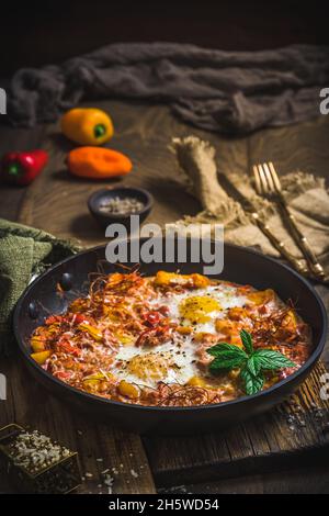 Shakshuka in una padella di ferro su sfondo di legno. Piatto tradizionale mediorientale. Uova fritte con pomodori, peperoni, verdure ed erbe. Verticale. Foto Stock