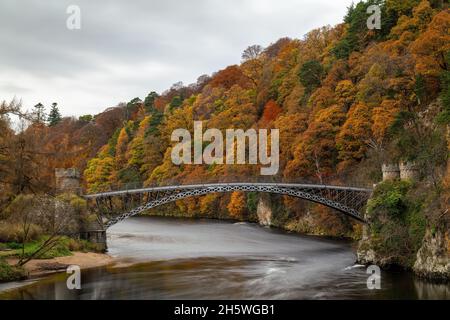 CRAIGELLACHIE, MORAY, SCOZIA - 11 NOVEMBRE 2021: Questo è il ponte Thomas telford sul fiume Spey a Craigellachie, Moray, Scozia, il 11 novembre 2021. Credit - JASPERIMAGE/AlamyLiveNews Foto Stock