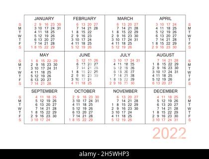 Calendario orizzontale per 2022 anni. Semplice griglia di calendario isolato su sfondo bianco, da domenica a lunedì, modello di business. Calendario annuale pronto per Illustrazione Vettoriale