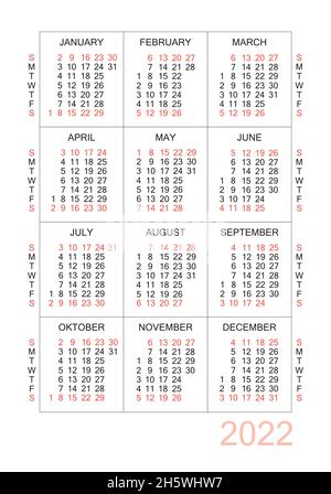 Calendario verticale per 2022 anni. Semplice griglia di calendario isolato su sfondo bianco, da domenica a lunedì, modello di business. Calendario annuale pronto per p Illustrazione Vettoriale