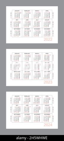 Calendario orizzontale per 3 anni - 2022, 2023, 2024. Semplice griglia di calendario isolato su sfondo bianco, da domenica a lunedì, modello di business. Annuale c Illustrazione Vettoriale