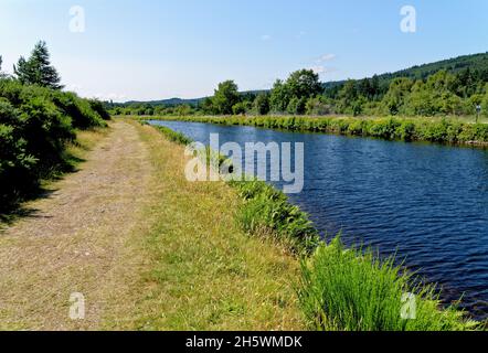 Lungo le rive del canale Caledoniano verso Loch Ness, Fort Augustus, Highland, Scozia, Regno Unito, Europa. 20 luglio 2021 Foto Stock