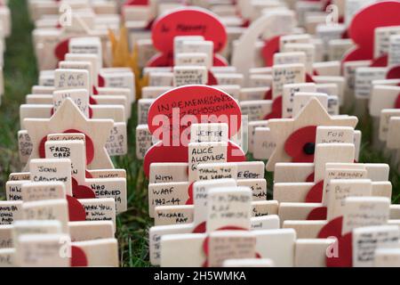 Abbazia di Westminster, Londra UK 11 novembre 2021. Tributi sulle croci con papaveri sono piantati nel campo della memoria fuori dall'Abbazia di Westminster il giorno dell'armistizio, ognuno porta un messaggio personale da parte del pubblico per onorare coloro che hanno dato la loro vita in servizio per il nostro paese. Credit: Xiu Bao / Alamy Live News Foto Stock