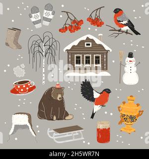 Inverno russo, vettore set. Bullfinch, rowan, valenki, cappello di ushanka, snowman, samovar, varenye, betulla, tazza di tè, orso e casa di campagna Illustrazione Vettoriale