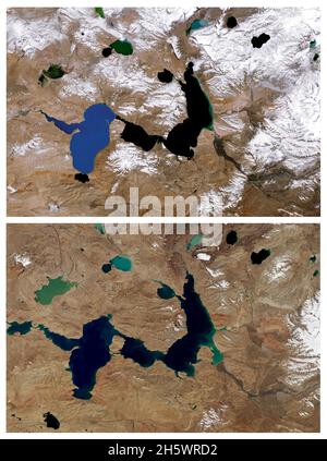 Cambiamenti climatici: Ghiacciai in contrazione e laghi in crescita. Queste immagini dei laghi ad ovest dei Monti Tanggula, una piccola catena nella parte centrale dell'altopiano tibetano, offrono una visione dei cambiamenti causati, in parte, dal ritiro dei ghiacciai. La prima immagine è stata acquisita nell'ottobre 1987; la seconda immagine mostra la stessa area nell'ottobre 2021. I due laghi più grandi - Chibzhang Co e Dorsoidong Co, sono cresciuti più grandi quando i ghiacciai di montagna si sono assottonati. Il bordo anteriore dei ghiacciai si è ripreso in modo significativo. Un composito ad alta risoluzione e migliorato delle immagini Landsat5 e Landsat8 originali. Credito NASA Foto Stock
