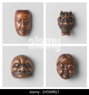 Selezione di 4 netsuke giapponesi in legno. In alto a sinistra: 18 ° secolo. In alto a destra, 19 ° secolo. In basso a sinistra: Maschera di un demone. Firmato 'ransen'. 1800-1850 in basso a destra: 18 ° secolo forse da Shuzan. A netsuke è una scultura in miniatura, originaria del Giappone del XVII secolo. Inizialmente un bottone di fissaggio scolpito sulle corde di una scatola inro (piccola cassa sospesa al telaio che tiene un kimono.) Foto Stock