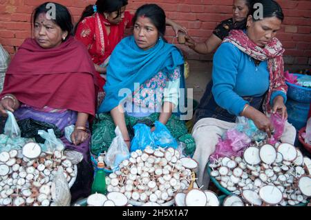 Newari donne venditori a Durbar Square nel cuore dell'antica valle di Kathmandu città di Patan (Lalitpur), Nepal Foto Stock