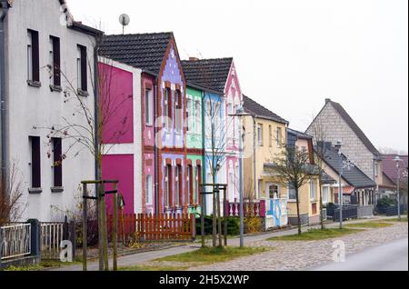 11 novembre 2021, Brandeburgo, Fürstenberg/Havel/OT Himmelpfort: Case colorate si trovano nel villaggio sulla strada Zur Hasenheide. Foto: Soeren Stache/dpa Foto Stock