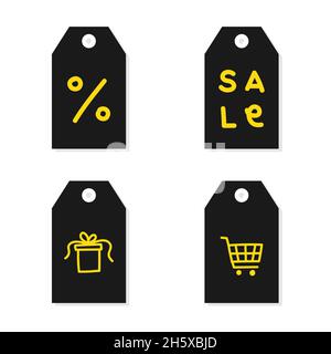 Set di etichette nere. Scarabocchi gialli. Linea gialla. Black Friday. Illustrazione vettoriale, design piatto Illustrazione Vettoriale