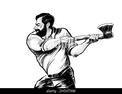 Lumberjack canadese con disegno in bianco e nero con inchiostro assiale Foto Stock