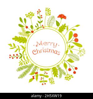 Buon Natale e nuovo anno modello di saluto. Sfondo ramo cornice invernale per testo xmas Complimenti. Vacanza mistletoe Holly, bacca, pino inverno doodle design. Poster o biglietto d'auguri per le festività Illustrazione Vettoriale
