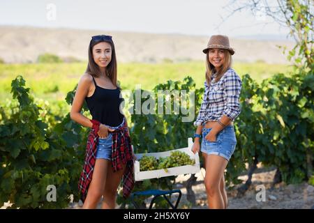 Due simpatici amici in un campo vigna. Ragazze felici che posano. Concetto di turismo rurale.. Foto Stock