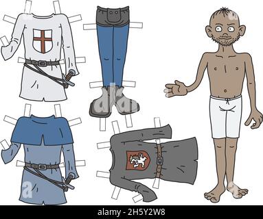 La bambola di carta divertente storico nobile guerriero con vestiti ritagliati Illustrazione Vettoriale