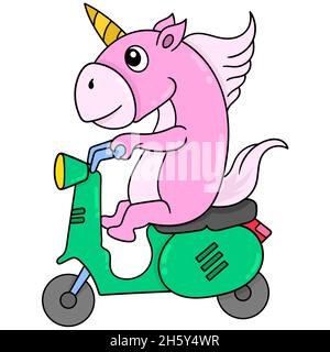 un unicorno sta viaggiando su uno scooter vespa Illustrazione Vettoriale