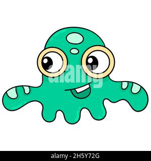 medusa verde a forma di alieno sorridente amichevole Illustrazione Vettoriale