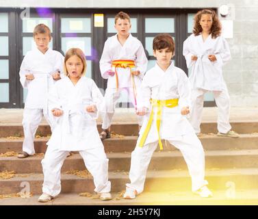 Gruppo di bambini in età prescolare che imparano i movimenti del karate nella scuola Foto Stock