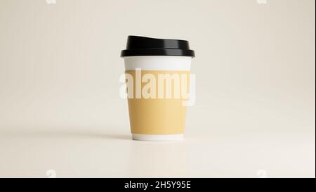 Tazza da caffè di carta con mockup sulla base del beige naturale. Take away tazza da caffè mockup, tazza da caffè di carta realistica. rendering 3d, illustrazione 3d Foto Stock