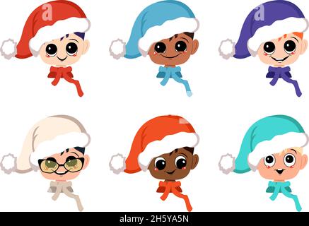 Set di avatar ragazzo di diverse nazionalità con grandi occhi e ampio sorriso felice a Santa Hat. Testa di bambino con volto gioioso in costume festivo per Capodanno e Natale. Illustrazione Vettoriale