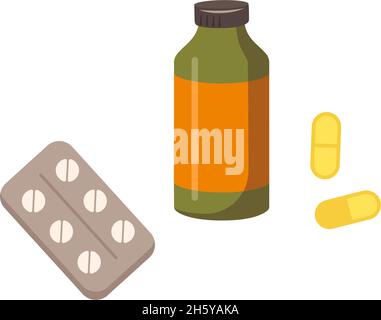 Icona di pillole, vitamine e fiala di medicina medica. Preparati per la cura della salute e il mantenimento dell'immunità. Illustrazione piatta vettoriale Illustrazione Vettoriale