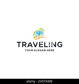 Design moderno con logo TRAVELLING Plane Waves Tree Illustrazione Vettoriale