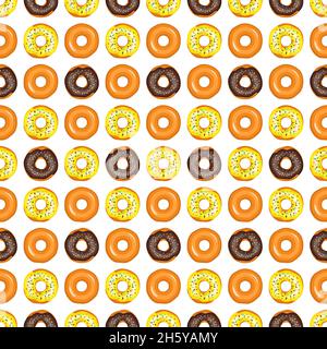 Motivo senza cuciture da ciambelle smaltate. Stampa da dolci per compleanno, festa e festa. Illustrazione vettoriale piatta di dessert e cibo Illustrazione Vettoriale