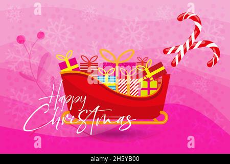 Buon Natale - lettere scritte a mano con Santa sleigh e mucchi di regali su un moderno e festoso vettore EPS design per carte, poster, banner, etichetta Illustrazione Vettoriale