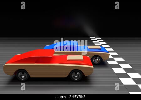 Illustrazione in 3D di auto da corsa con auto per bambini. Combatti al traguardo di due auto convertibili da corsa per bambini ad alta velocità Foto Stock