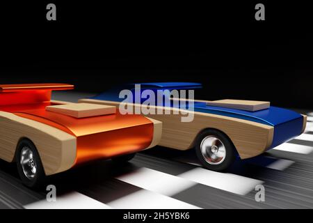 Illustrazione in 3D di auto da corsa con auto per bambini. Combatti al traguardo di due auto convertibili da corsa per bambini ad alta velocità Foto Stock