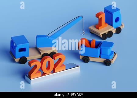 Il concetto dell'arrivo del 2022. I camion dei bambini e i camion di scarico portano l'iscrizione 2022 Funny auto con numeri 2022.3D rendering. Foto Stock