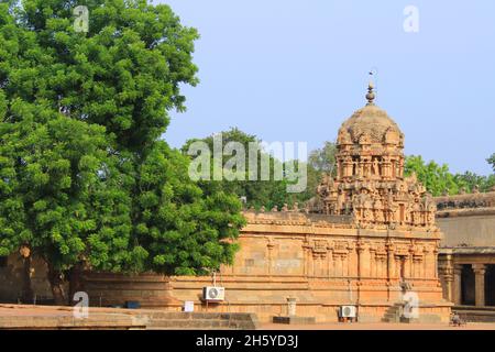 Lato del tempio di Brihadishvara, Thanjavur, Tamil Nadu, India. Tempio indù dedicato a Lord Shiva Foto Stock