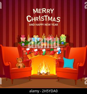 Natale interno con camino Illustrazione Vettoriale
