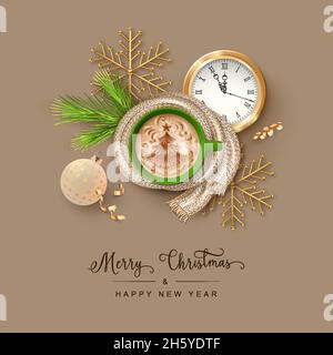 Natale e Capodanno banner realistico con una tazza di caffè, decorazioni e orologio d'oro Illustrazione Vettoriale