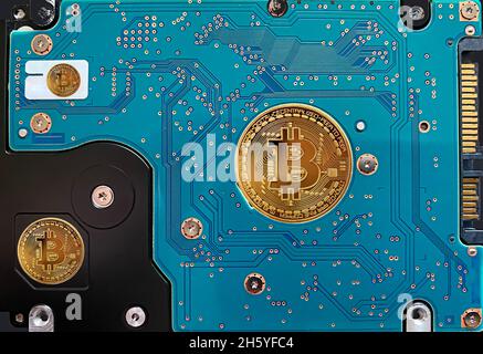 Digital Golden Bitcoin su computer con hard disk. Nuovo concetto di economia tecnologica. Foto Stock