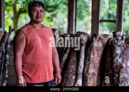 Luglio 2017. Enersto Bagiwan, contadino della Kalahan Educational Foundation (KEF) 's vivaio sopra la città, sposta tronchi utilizzati per la coltivazione di funghi shitaki. Imugan, Nueva Vizcaya, Filippine. Foto Stock