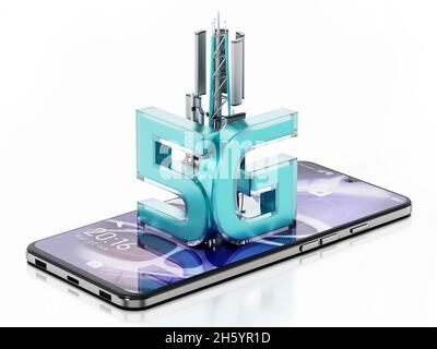 Smartphone generico con simbolo 5G isolato su sfondo bianco. Illustrazione 3D. Foto Stock