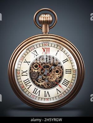 Orologio tascabile antico su sfondo scuro. Illustrazione 3D. Foto Stock