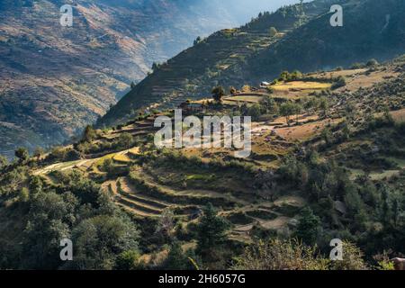 Ottobre 2017. Kailas è un villaggio di oltre 300 famiglie e più di 3000 persone situate diverse migliaia di metri in cima alle montagne dalla città di Chainpur. L'accesso è solo da un ripido sentiero che attraversa le colline. Kailas, distretto di Bajhang, Nepal. Foto Stock