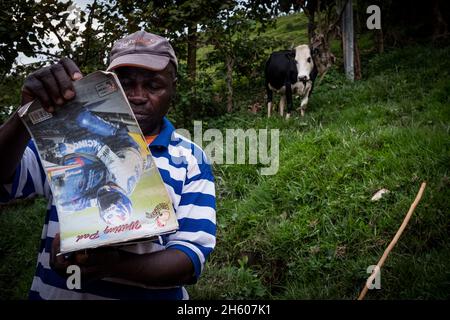 Settembre 2017. Simeo Ntawuruhunga ha ricevuto una mucca dalla Nkuringo Community Conservation and Development Foundation (NCCDF) nell'ambito del loro programma di giovenche. Egli allevia la mucca, mantiene il vitello così cominciando a costruire il suo gregge, e passa la vacca originale al prossimo in linea nel programma giovenca. Ora ha 6 mucche che che producono latte che può vendere localmente. I tori nati vengono venduti per la carne. Nkuringo, Uganda. Foto Stock