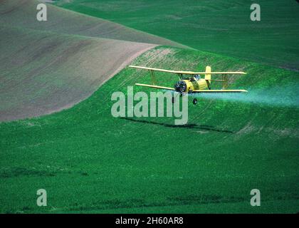 Un applicatore aereo vola attraverso un campo di grano nella regione di Palouse di Washington ca. 2011 o precedente Foto Stock