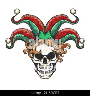 Tatuaggio del teschio sorridente Joker in cappello Jester isolato su bianco. Illustrazione vettoriale Illustrazione Vettoriale