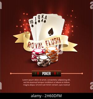 Il gioco d'azzardo del casino di Pocker insieme con le chip delle carte e il flash reale barra multifunzione su sfondo rosso, illustrazione vettoriale Illustrazione Vettoriale