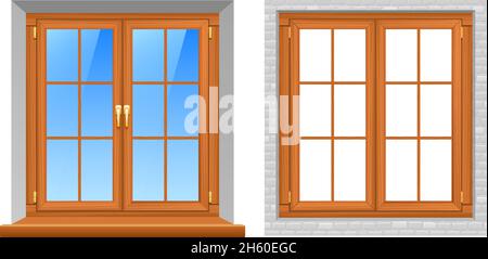 Bella texture legno stile classico cornici finestre interne ed esterne viste 2 icone realistiche imposta l'illustrazione vettoriale isolata Illustrazione Vettoriale
