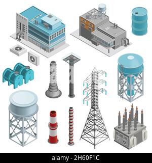 Edifici industriali icone isometriche impostate con elementi della centrale elettrica l'impianto di caldaie e la linea elettrica supportano l'illustrazione vettoriale Illustrazione Vettoriale