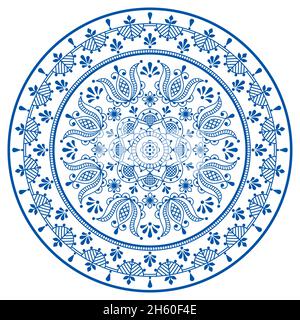 Ricamo vettoriale mandala floreale scandinavo stile arte popolare - disegno nordico rotondo con fiori e foglie in blu su bianco Illustrazione Vettoriale