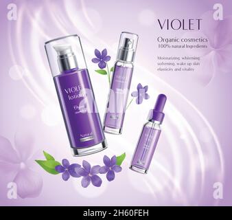 Cosmetici biologici prodotti per la cura della pelle poster pubblicitario realistico con estratto di violette distributore di lozione essence colorato sfondo vettore illustrati Illustrazione Vettoriale