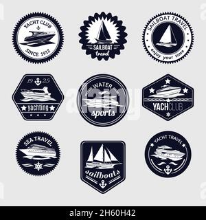 Elite World Water sport Yacht club barca a vela Sea Travel design etichette imposta icone nere illustrazione vettoriale isolata Illustrazione Vettoriale