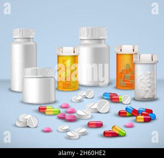 Pillole compresse e medicinali in confezioni di bottiglie di plastica icone decorative impostare l'illustrazione del vettore Illustrazione Vettoriale