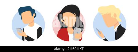 Personaggio che tiene il telefono in mano, donna e uomo con smartphone flat comunicazione avatar concetto di illustrazione vettoriale. Illustrazione Vettoriale